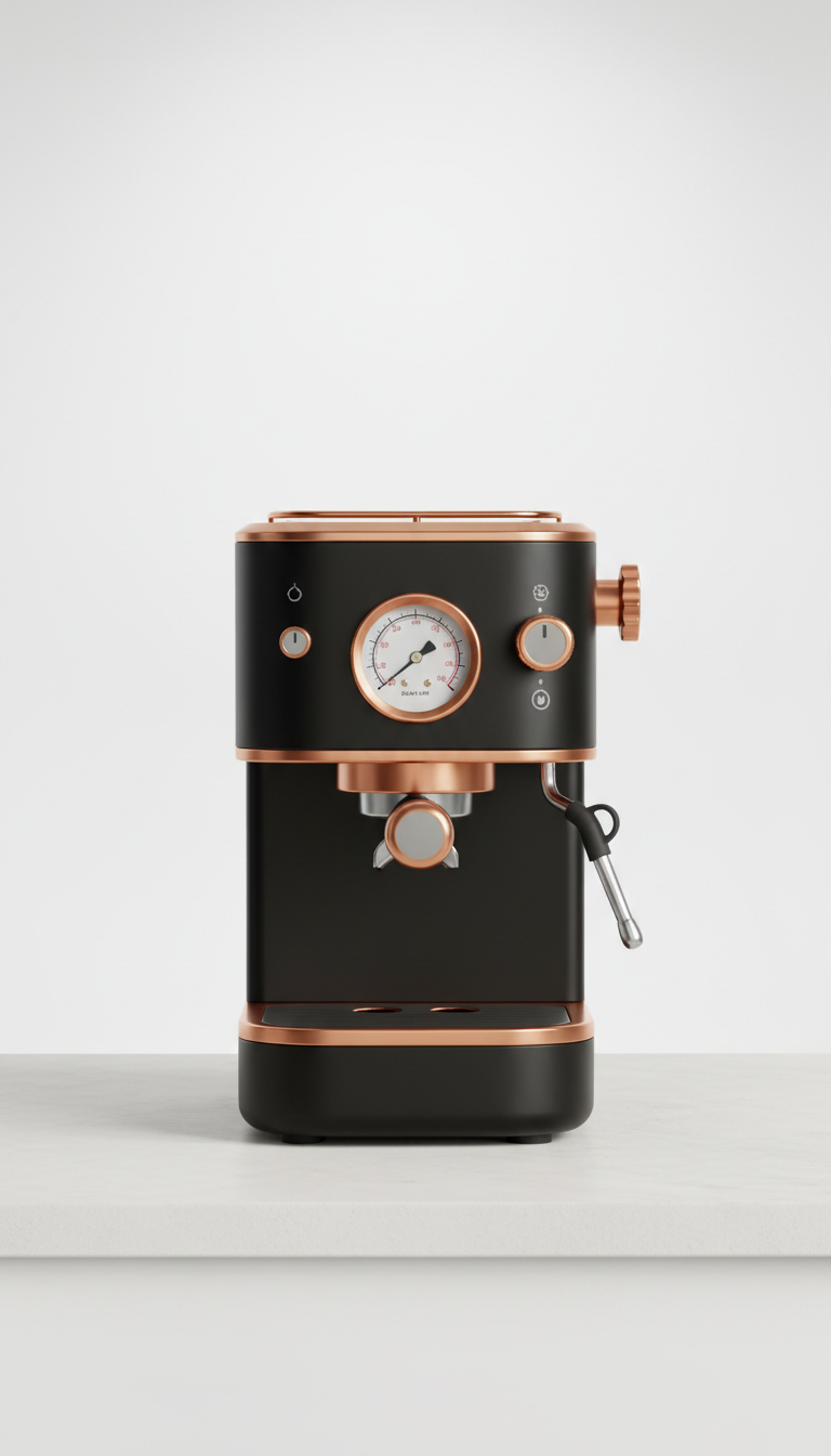 Compact minimalist espresso machine with copper accents
